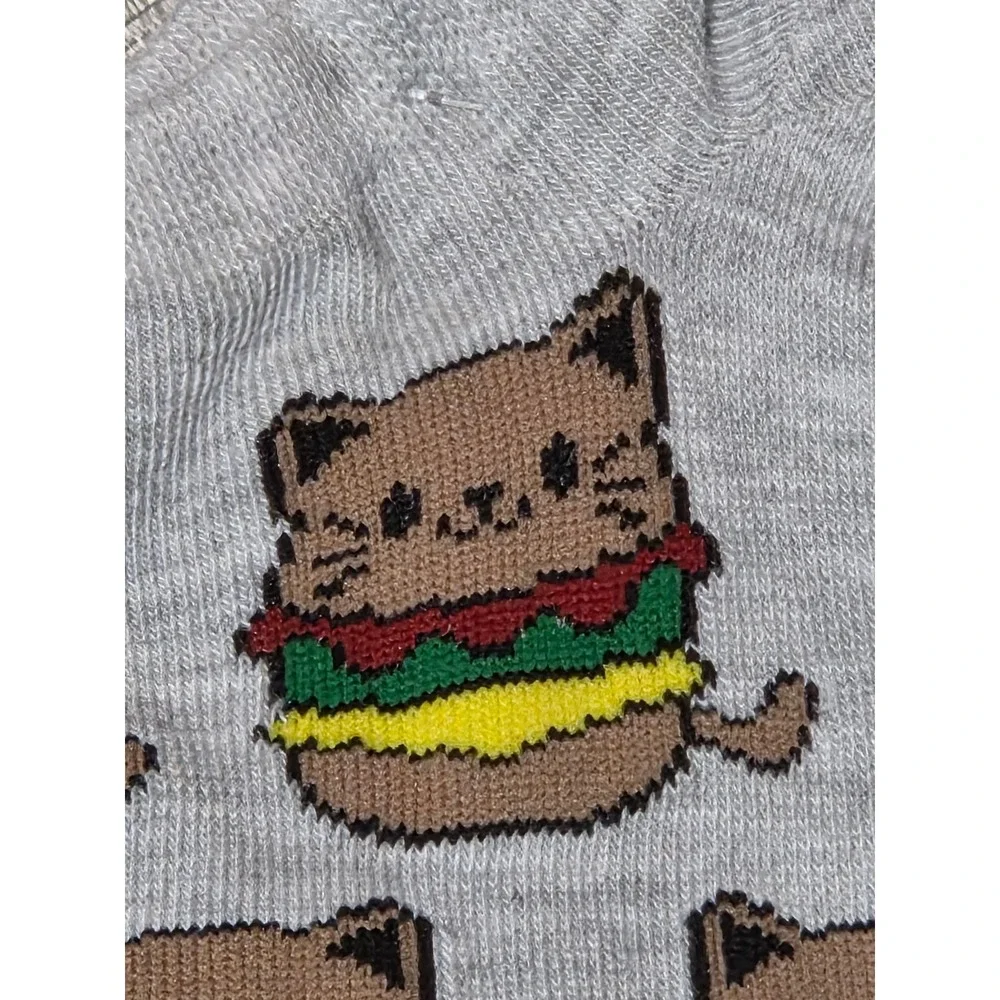 Hello Socks Womens Low Cut Ankle Socks Gray Burger Cat Cheeseburger OS 4-10 NWT